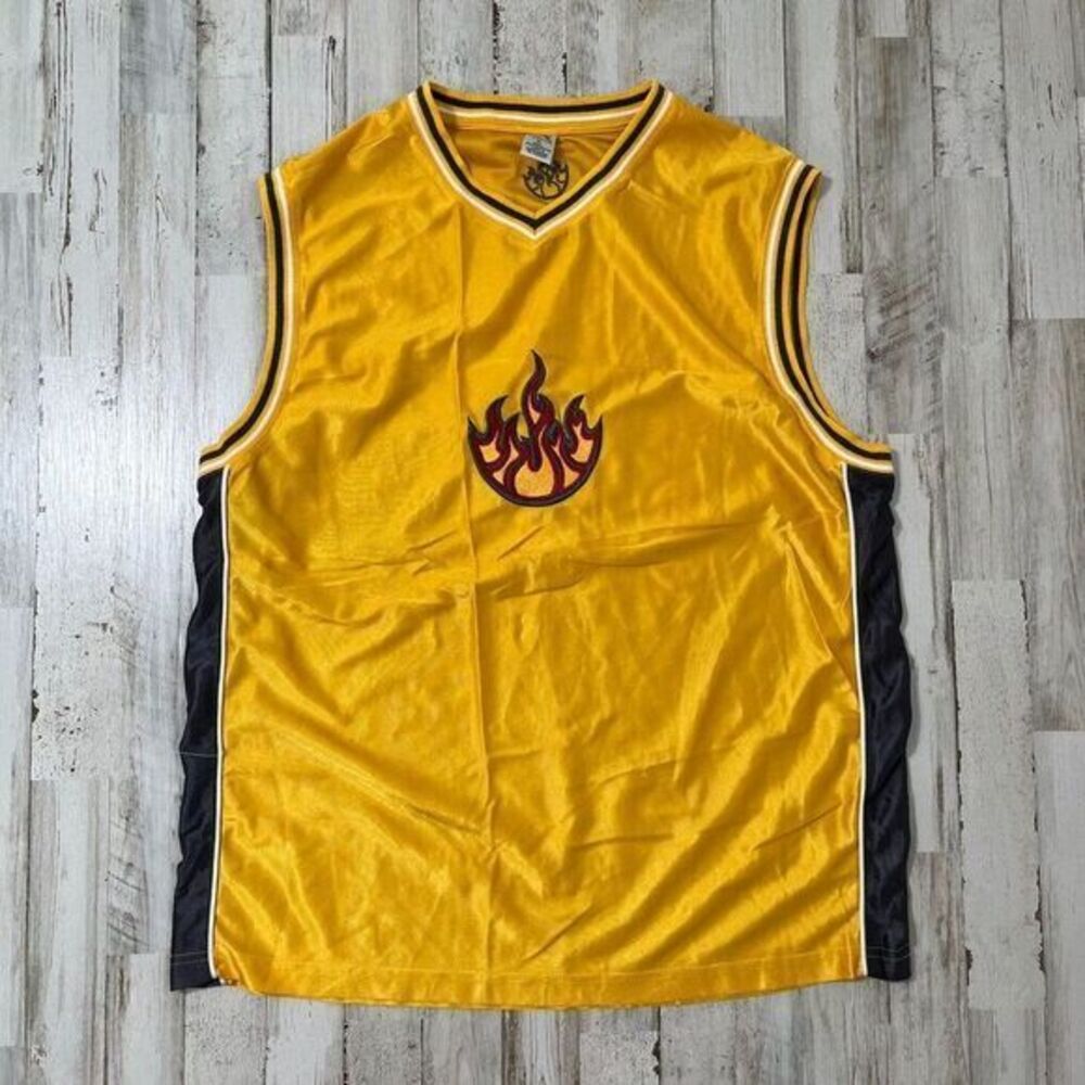 Vintage Y2K Fire Flame‎ Yellow Jersey Tank Sleeveless Mens Size Small/Medium